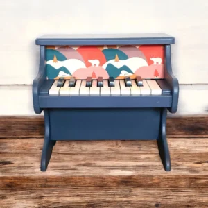 Piano en bois pour enfant relooké bleu marine, tissu Ours - By Léo