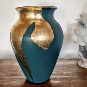 Grand vase vert canard et feuille d’or
