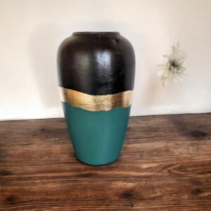 Vase bleu canard et noir avec liseré en feuille d’or