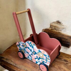 Trotteur en bois terracotta et papier fleuri