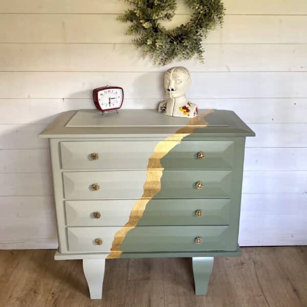Commode en bois verte kaki et vert de gris - feuille d’or – Image 2