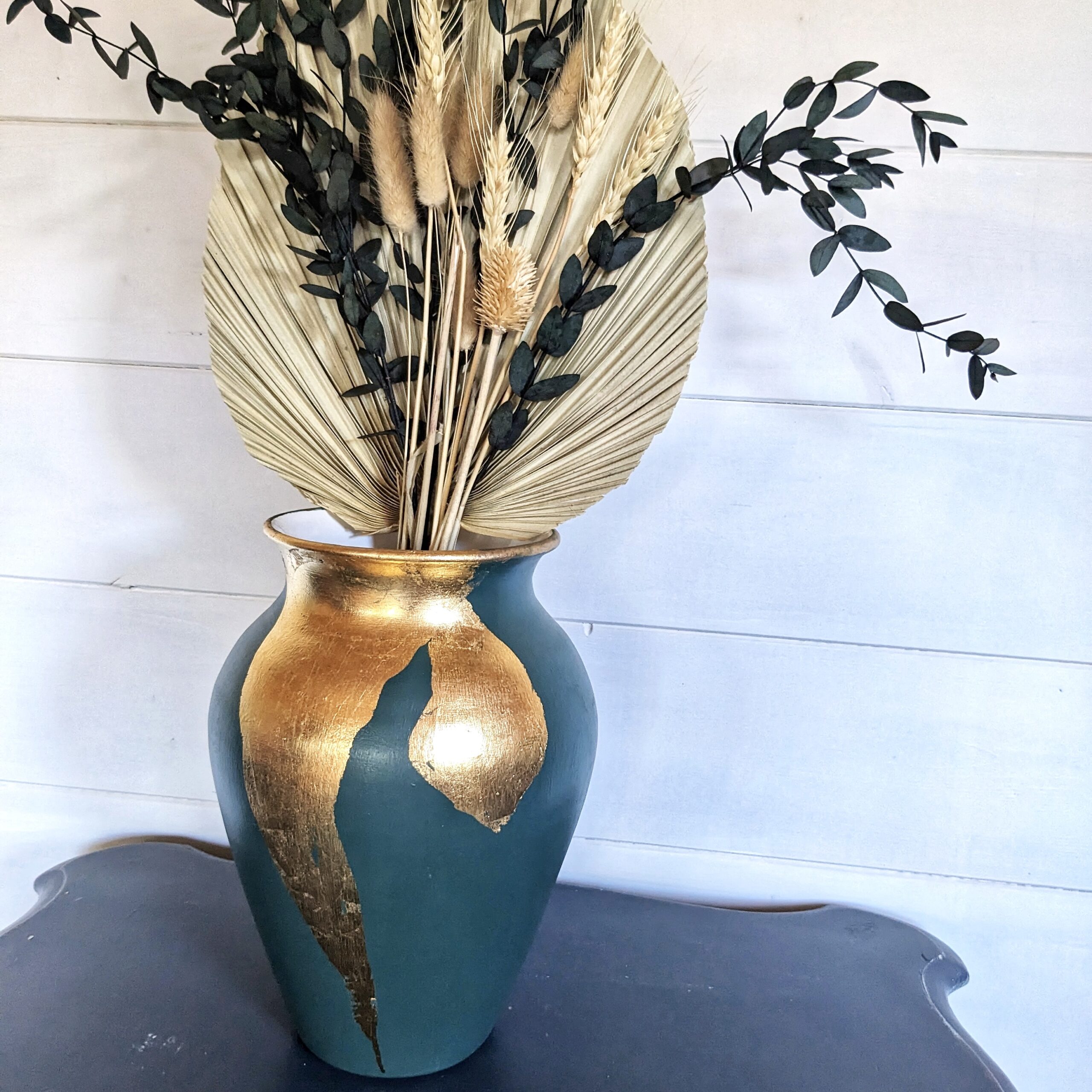 Grand vase vert canard et feuille d’or – Image 2
