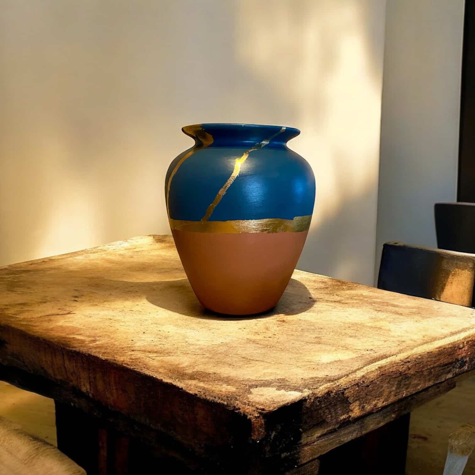 Grand vase terracotta et bleu marine avec un liseré en feuille d’or posé sur une table en bois rustique