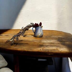 Petit pichet beige avec moulure oiseaux et feuille d’or posé sur une table en bois rustique, avec plante