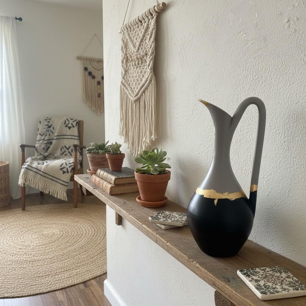 Grand vase pichet relooké noir et gris – Liseré en feuille d’or – Image 3