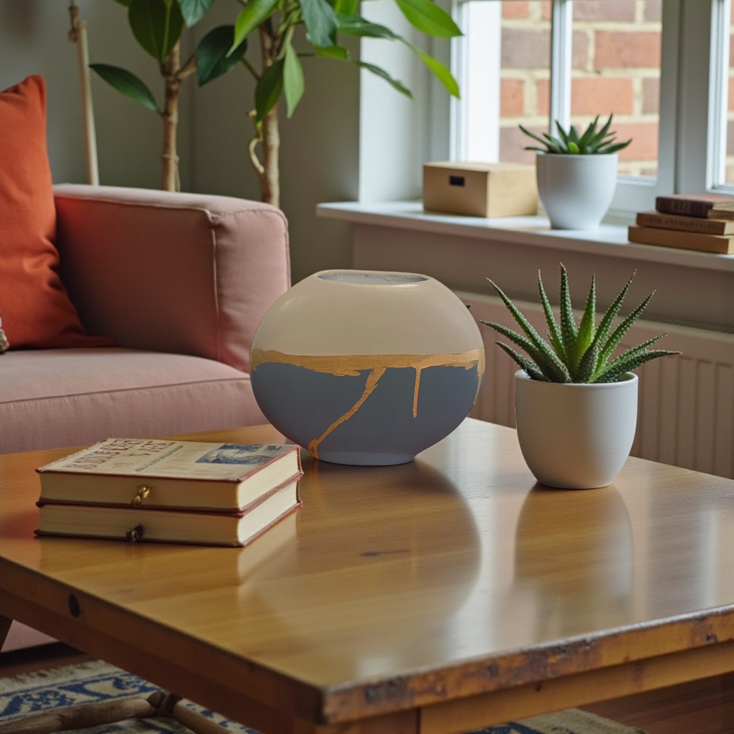 Vase organique beige et bleu profond relooké – Feuille d’or – Image 3