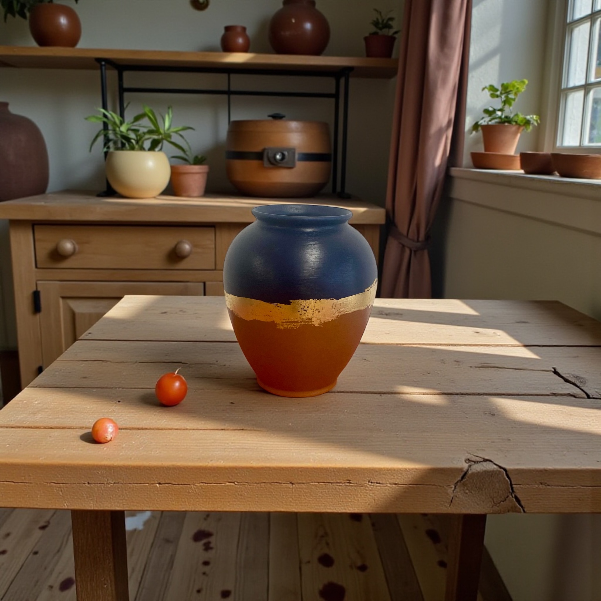 Vase terracotta et bleu marine relooké – Liseré en feuille d’or – Image 3