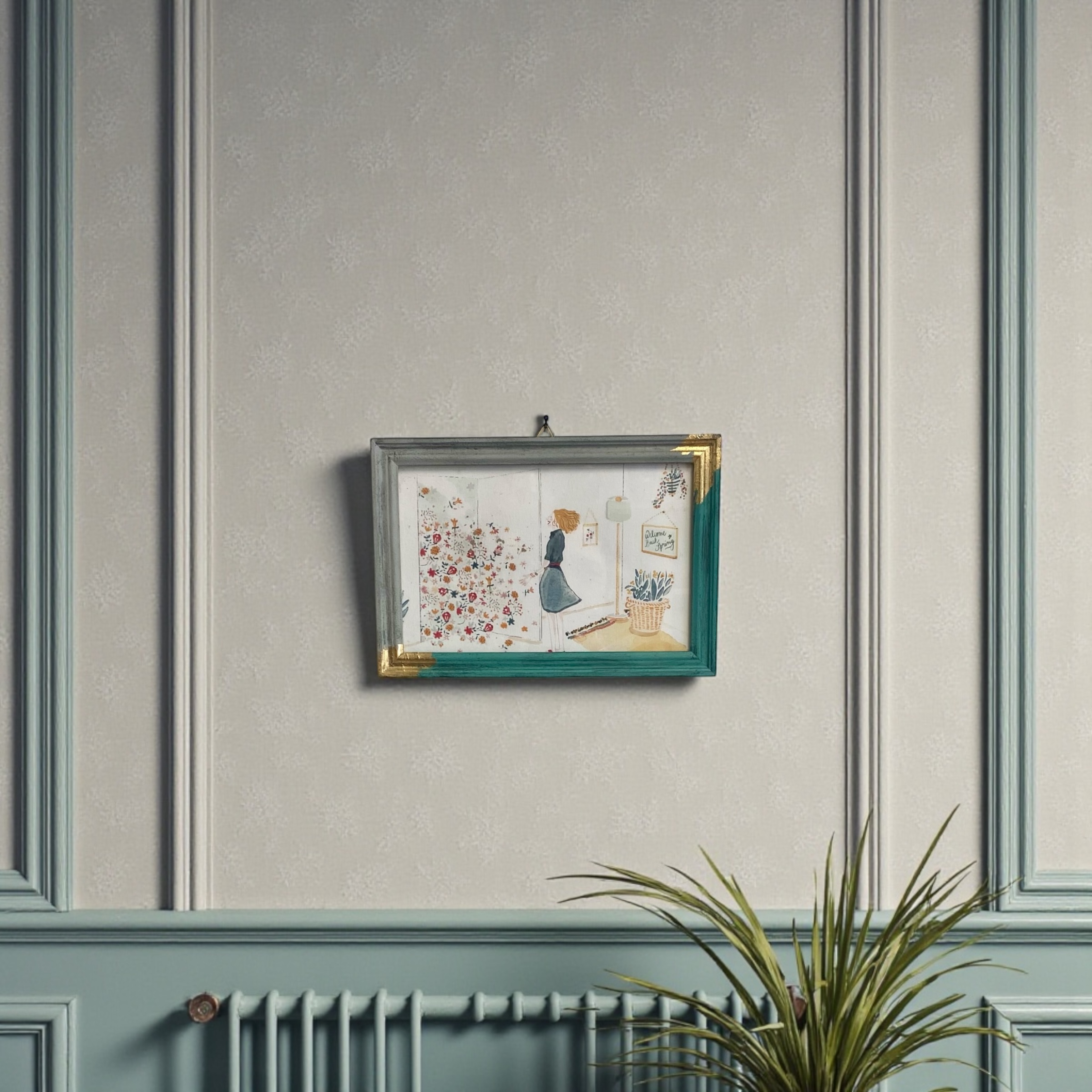 Petit cadre décoratif relooké vert émeraude et gris avec feuille d’or – Pièce unique – Image 2