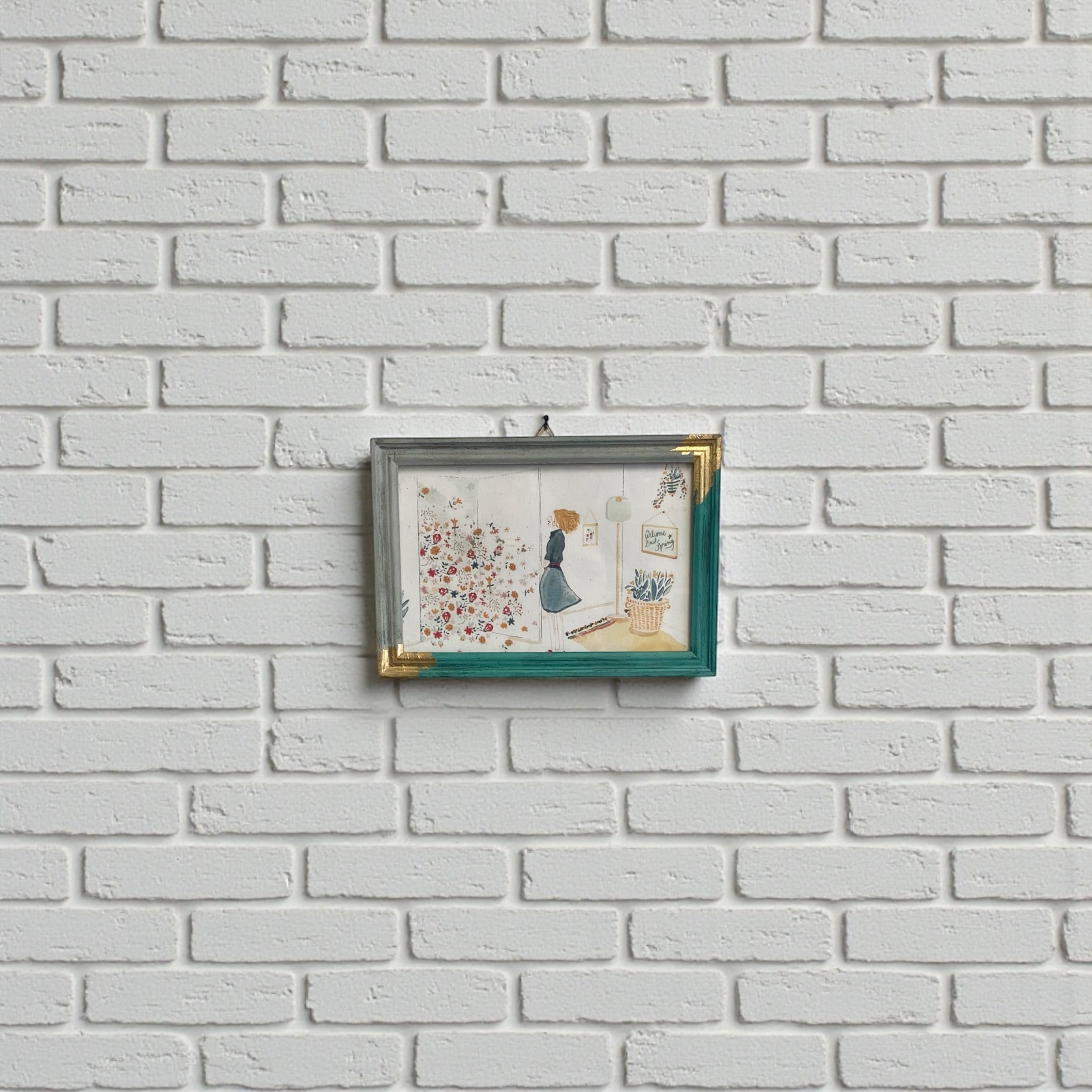 Petit cadre décoratif relooké vert émeraude et gris avec feuille d’or – Pièce unique