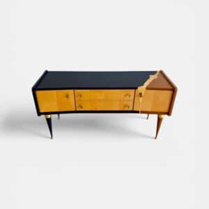 meuble vintage relooké bleu marine terracotta bois brut feuille d’or Toulouse