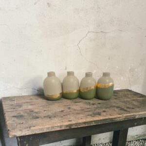 Soliflore relooké beige lin et vert olive — feuille d'or — Pièce unique ou lot de 4