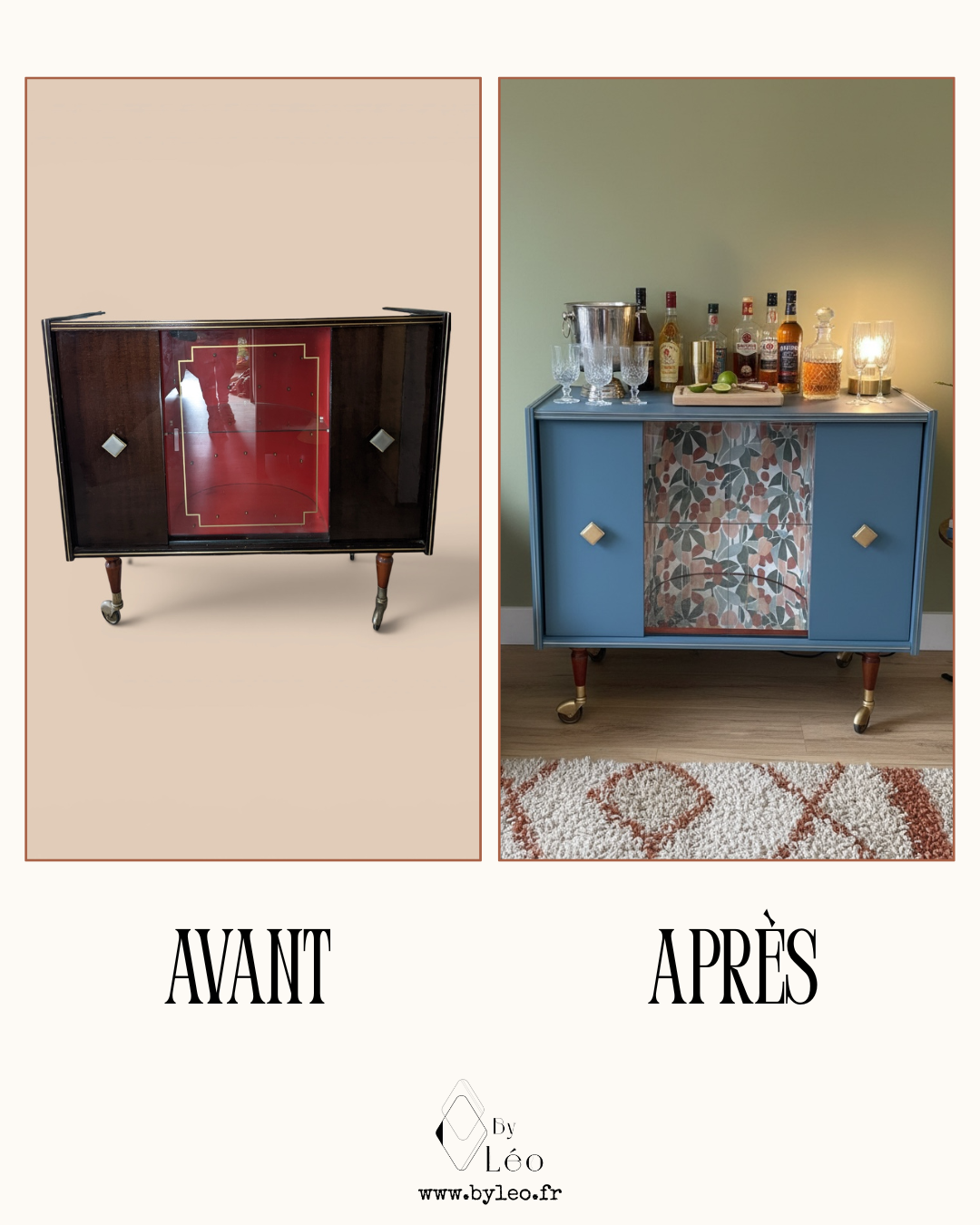 Meuble bar relooké en bleu par By Léo, avant et après