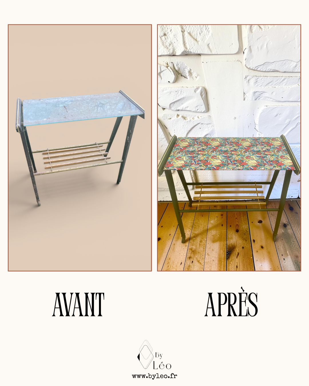 Table d'appoint relookée par By Léo, avant et après
