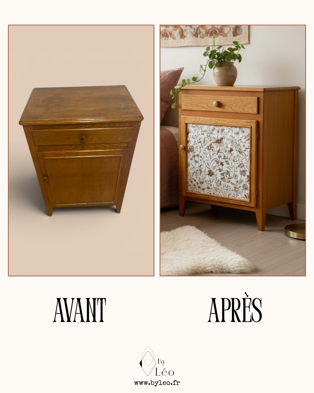 Table de chevet relookée par By Léo, avant et après