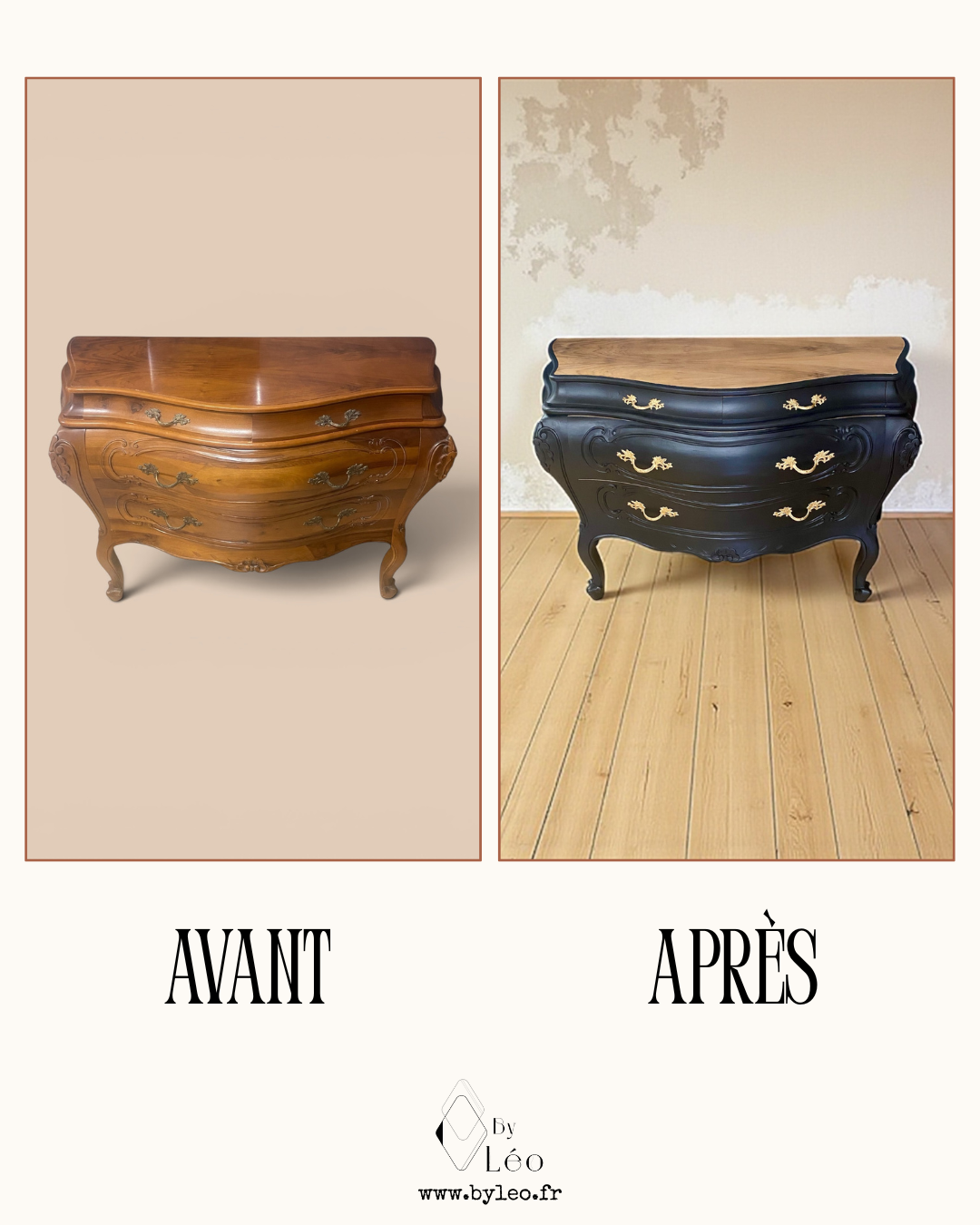 Commode relookée en noir, plateau bois brut, par By Léo, avant et après