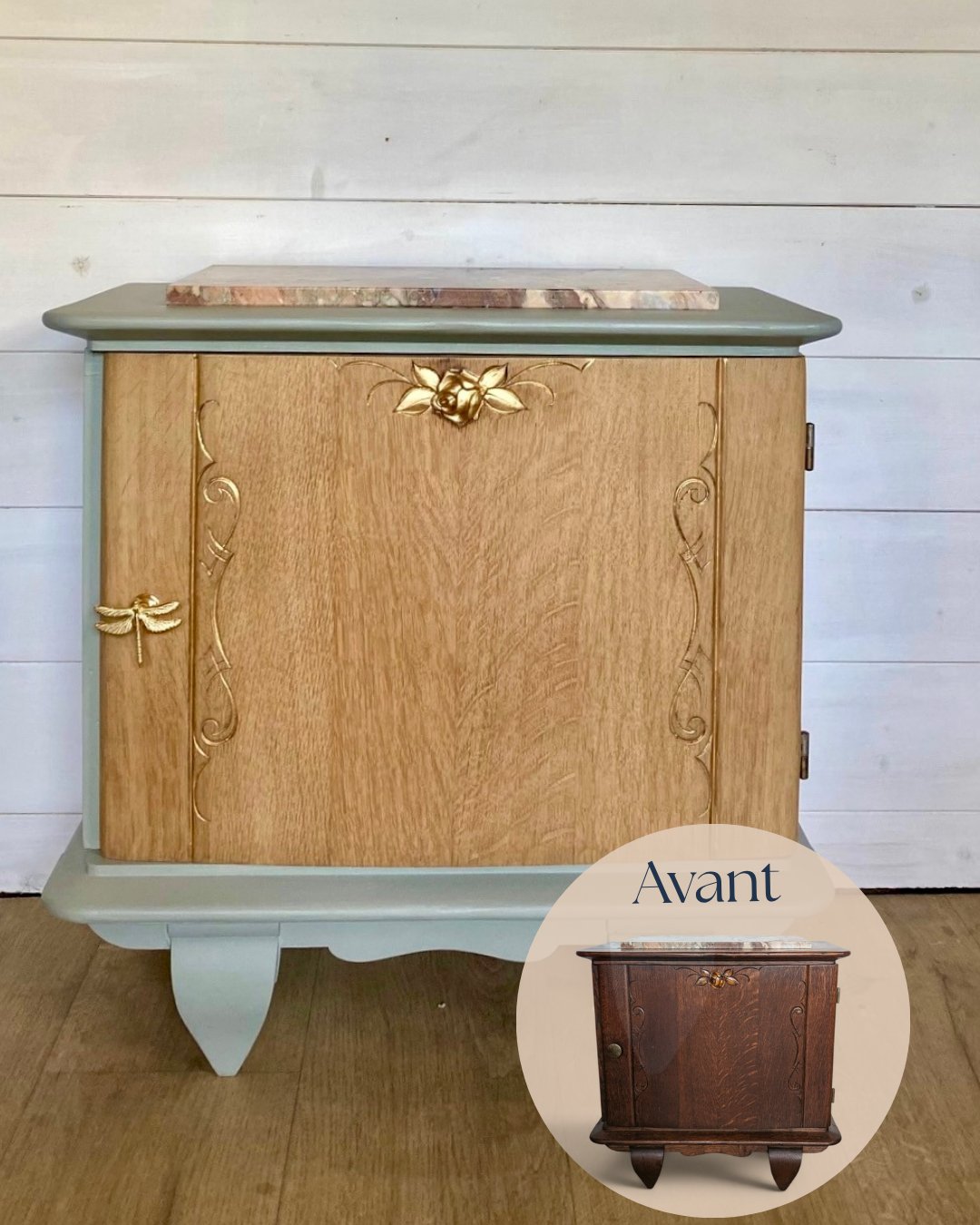 Avant après relooking sur-mesure meuble bois brut sauge By Léo