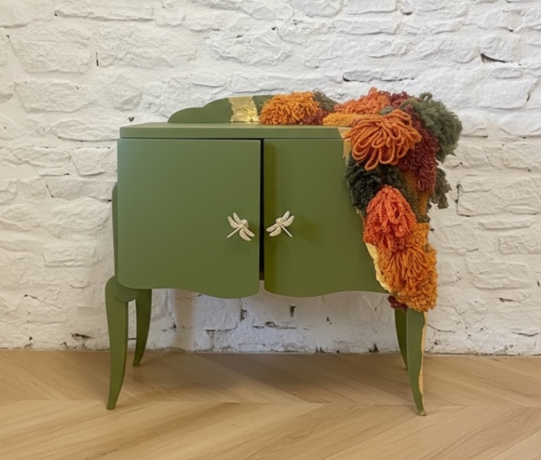 Cabinet vert olive tufting, collaboration By Léo x Mona