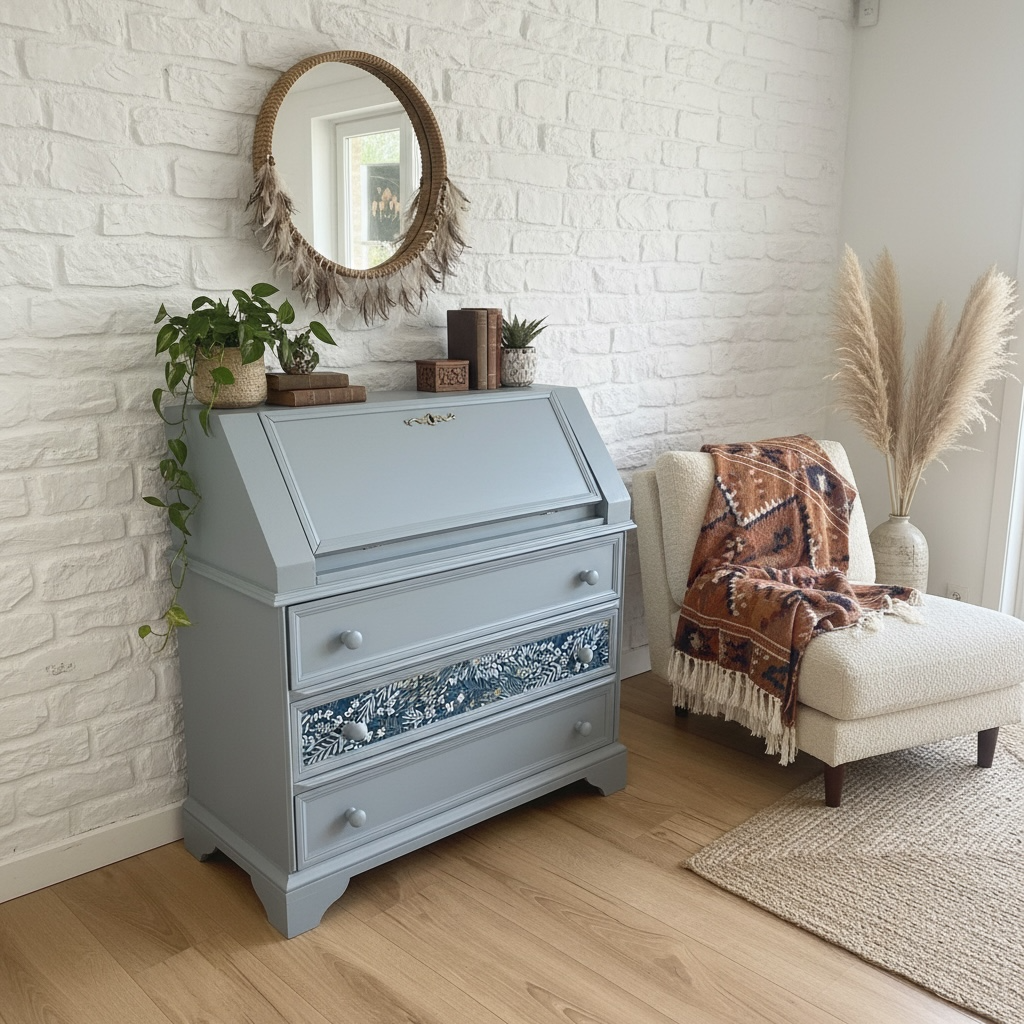 Secretaire relooke en gris bleu avec tiroir motif fleuri, realise lors d un atelier sur mesure By Leo
